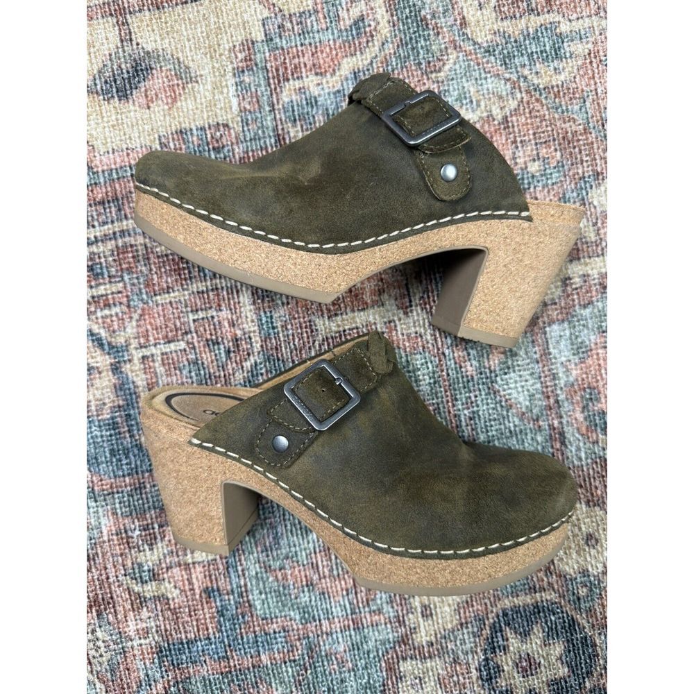 Aetrex Corey Clog Women's Olive Suede Leather‎ Chunky Cork Heel Shoes Y2K